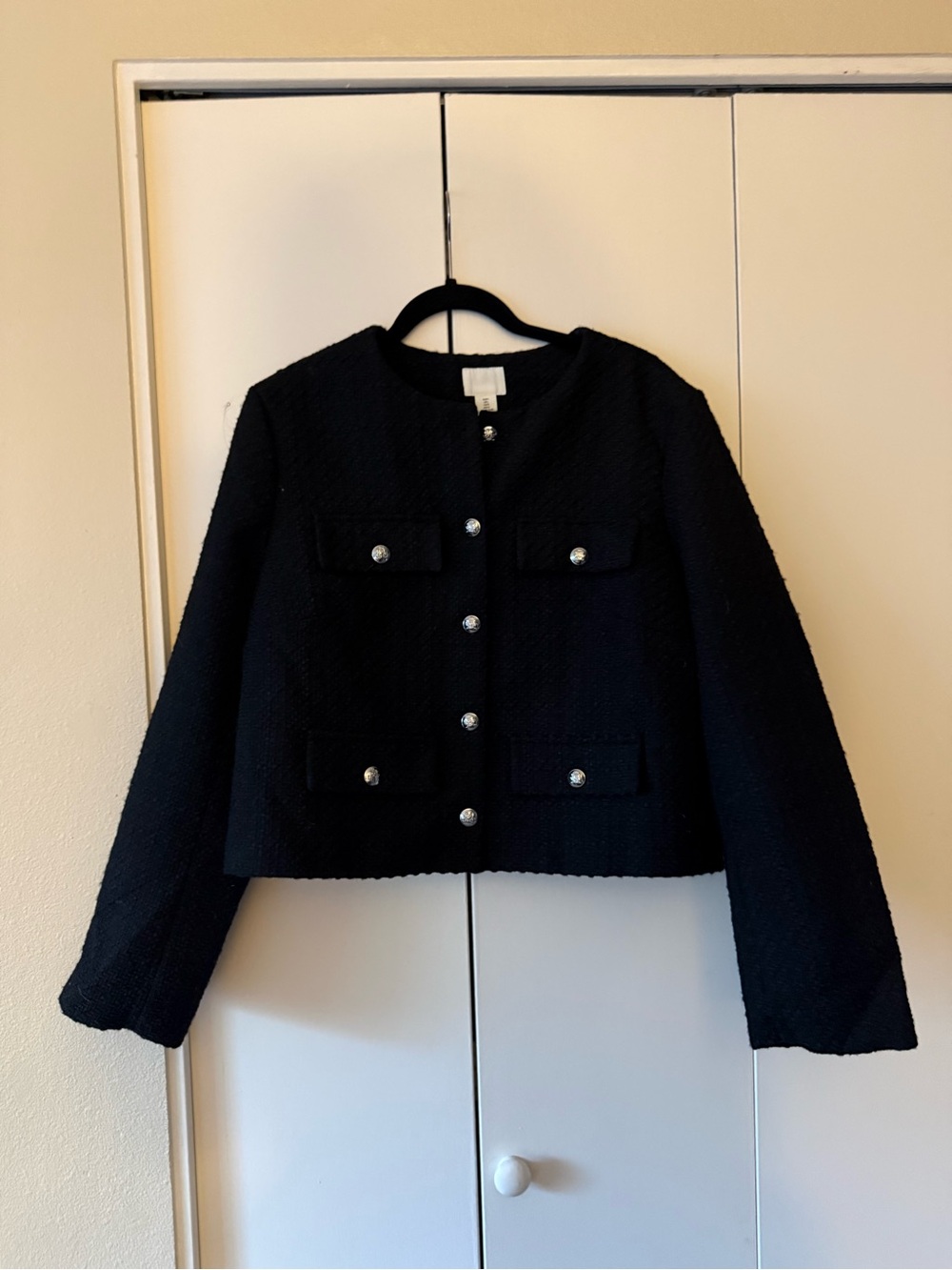 H&M Black Textured tweed Boxy Blazer with Decorative Buttons